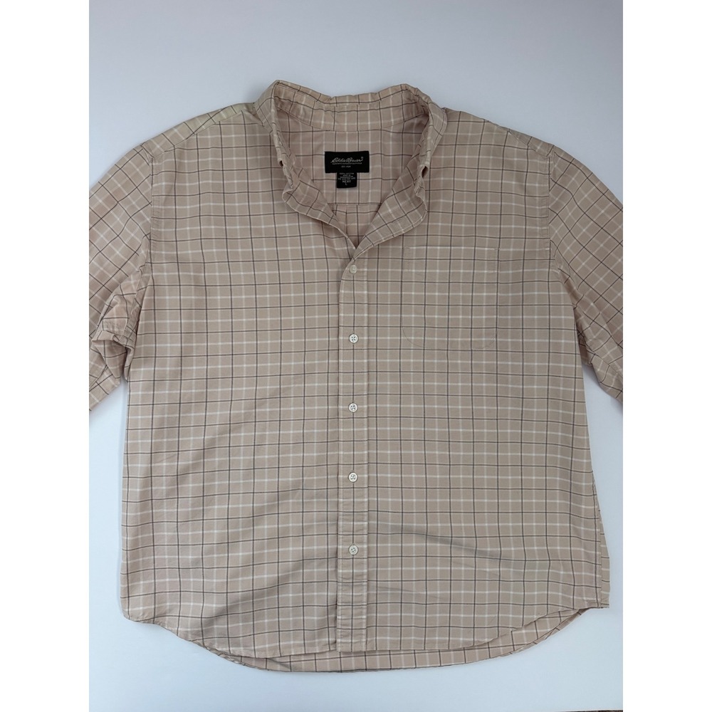 Eddie Bauer Mens Large Tan Plaid Long Sleeve Button Down Cotton Shirt Pocket